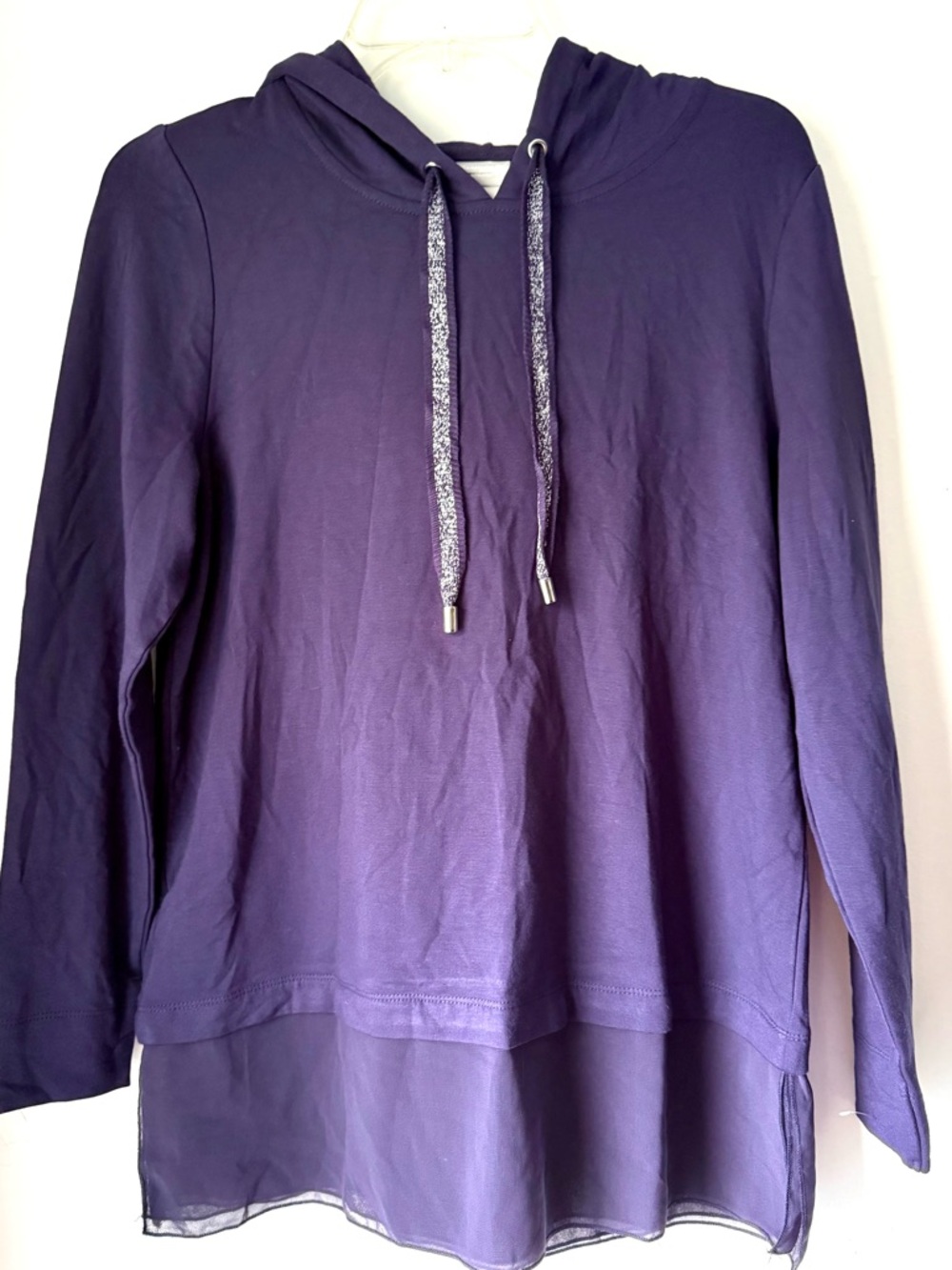 NWT Chico's Zenergy Layered Chiffon Hem Hoodie Purple Plum Women Size 0 Small